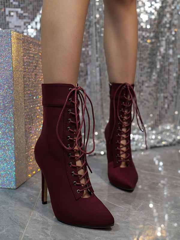 Hollow Pointed-Toe Solid Color Tied Zipper Stilettos Boots