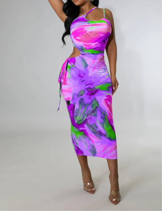 Tie Dye Spaghetti Strap Skew Neck Midi Dress