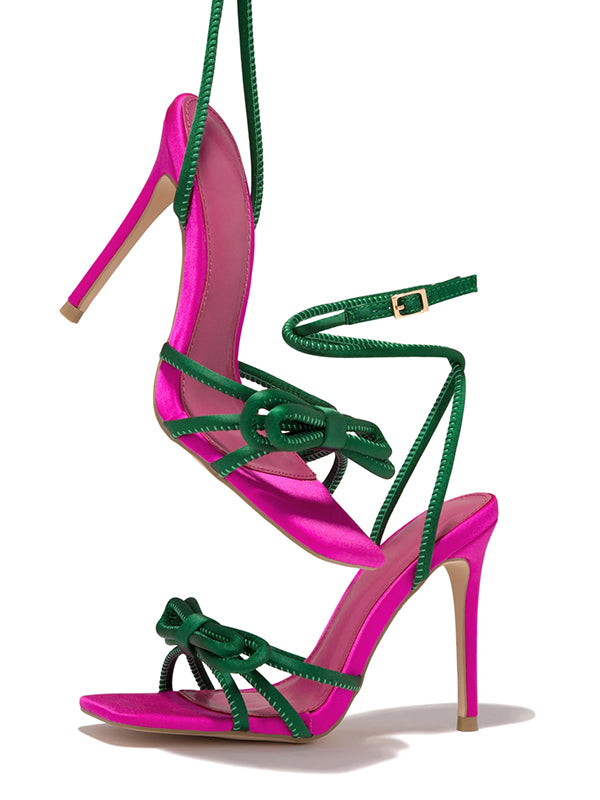Bowknot Contrast Color Square Stilettos Pumps Sandals