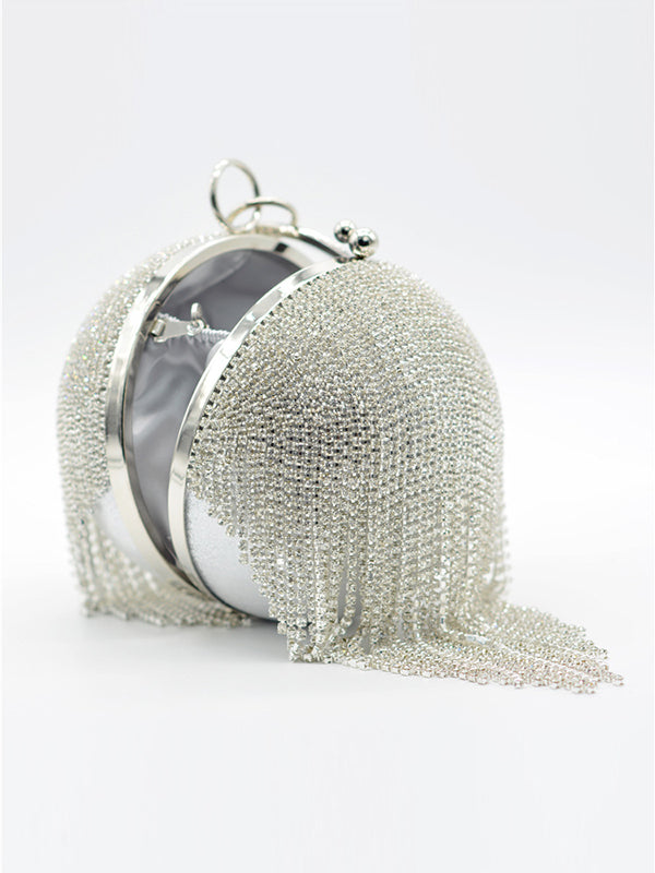 Geometric Rhine Stones Solid Color Tasseled Handbags