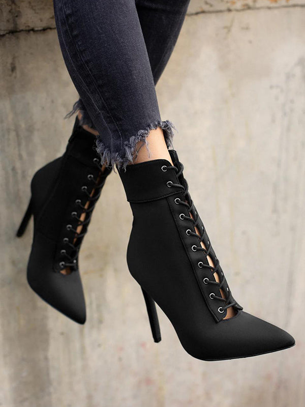 Hollow Pointed-Toe Solid Color Tied Zipper Stilettos Boots