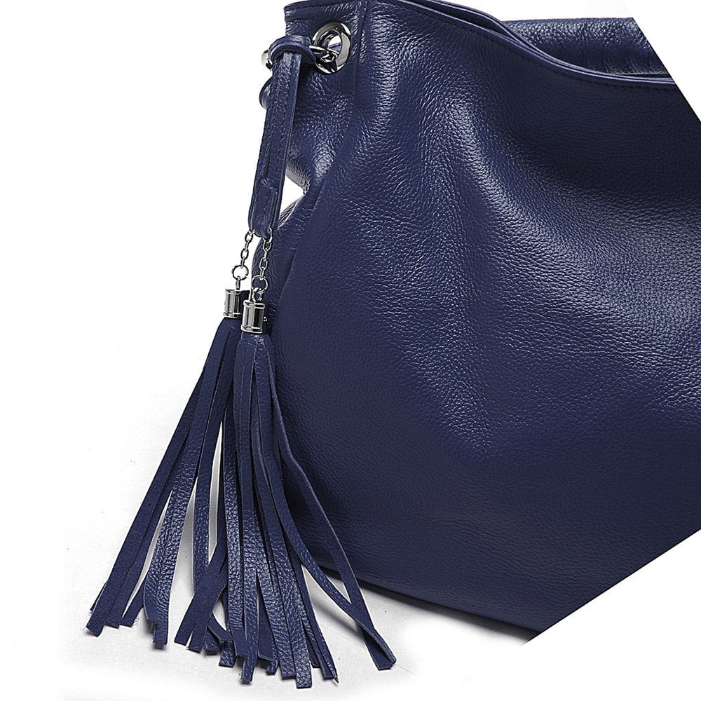 Soft Genuine Leather Tassel Tote Bag