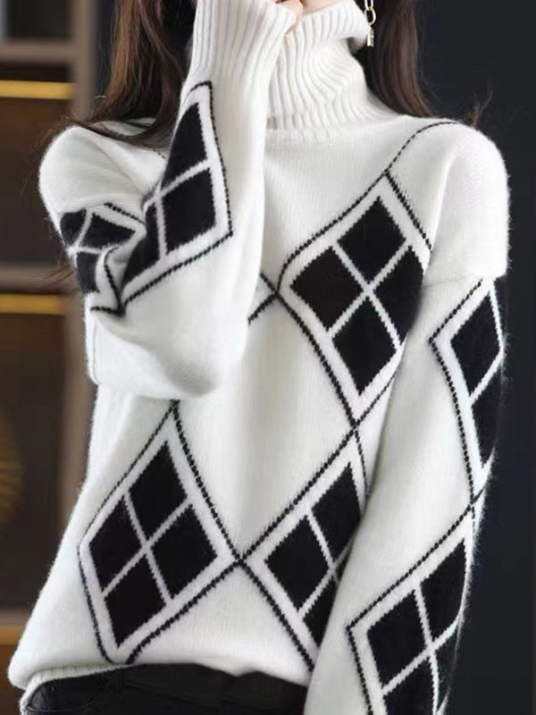 Casual Long Sleeves Loose Plaid High-Neck Sweater Tops