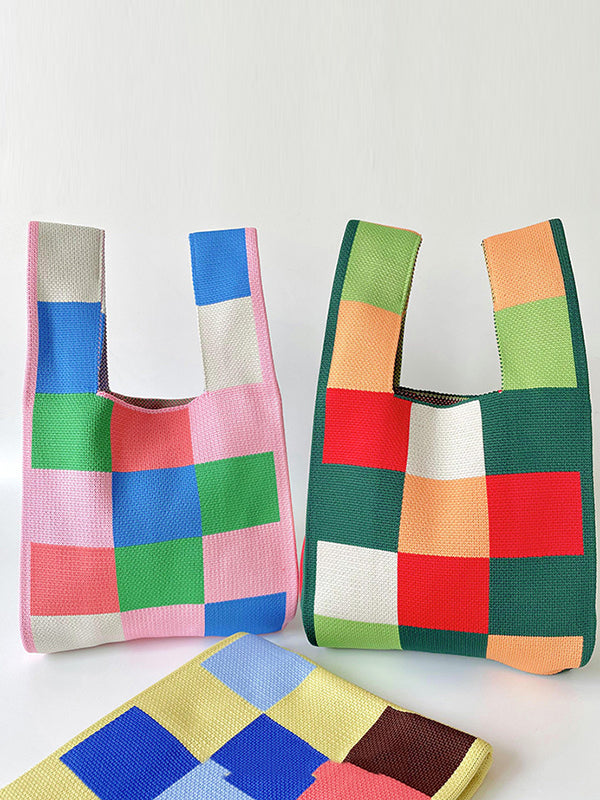 Checkerboard Contrast Color Woven Handbags Bags