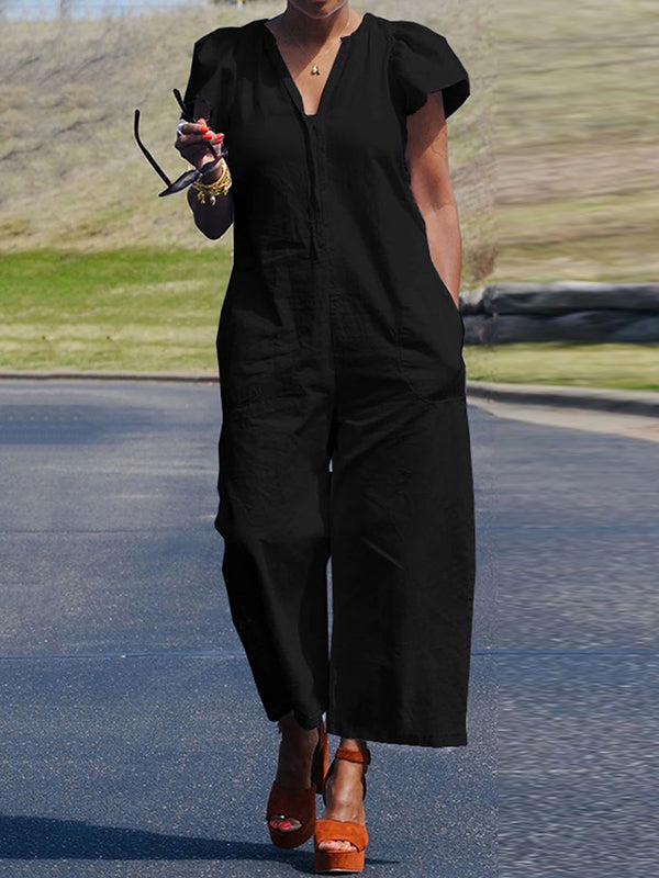 Loose Ruffle Sleeves Fringed Pleated Pockets Solid Color V-Neck Jumpsuits