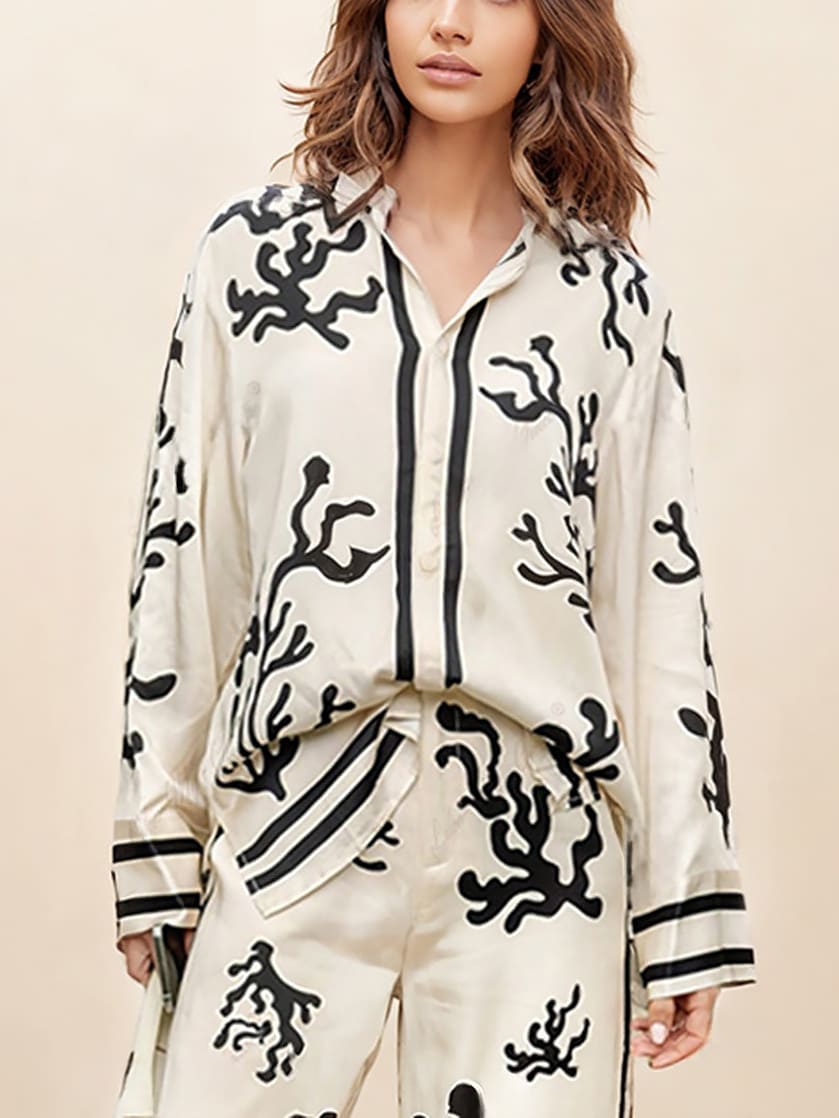 Hidden Button Closure Printed Pant Set