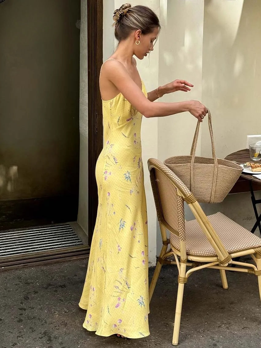 Yellow Print Open Back Spaghetti Summer Dress
