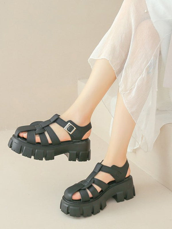 Belt Buckle Hollow Round-Toe Split-Joint Sandals Platform Shoes Gladiators