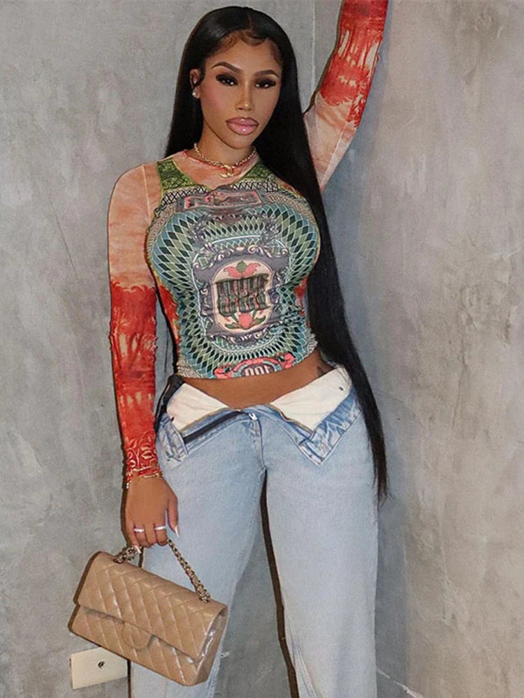 Dollar Print Slim Mesh Sheer Top