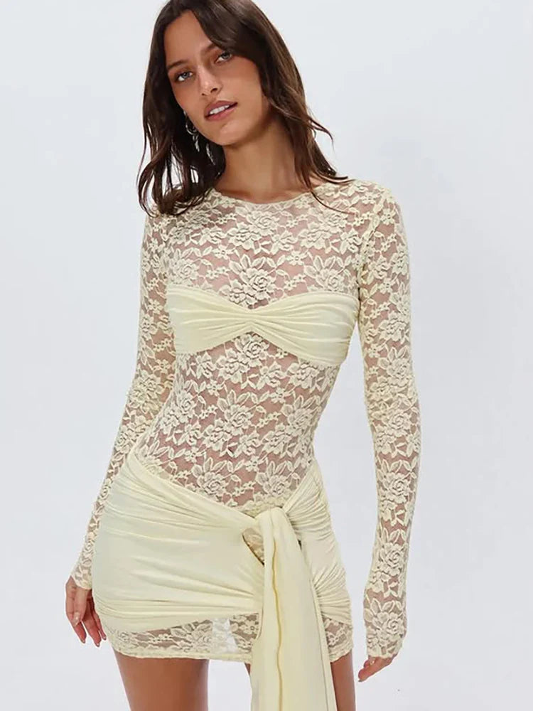 Bandage Round Neck Skinny Long Lace Dress