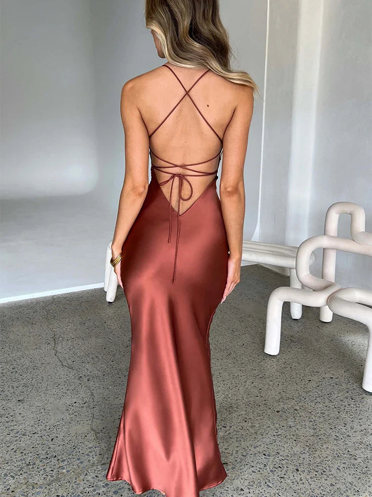 Satin Backless Lace Up Mermaid Silk Dress