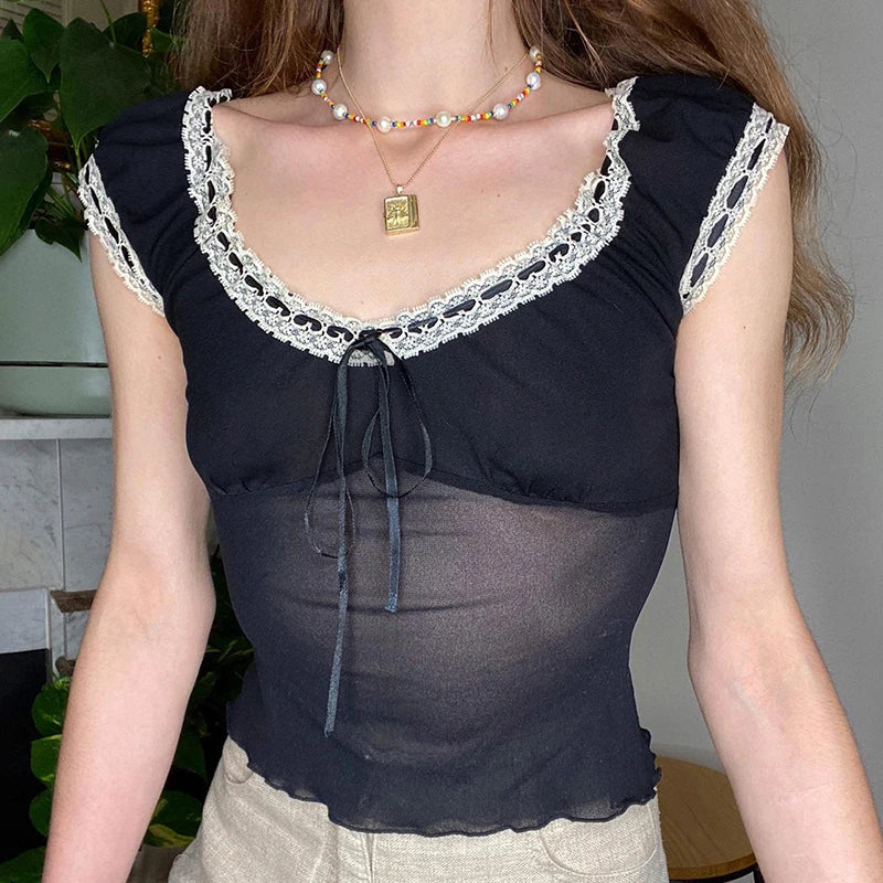 Black Lace-up O-Neck Corset Tank Top