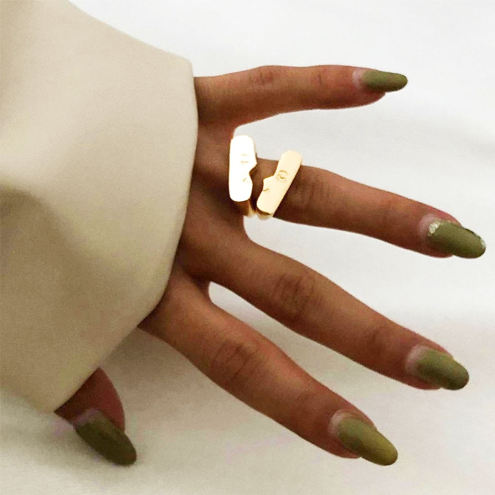 Abstract Face Pair Minimalist Ring Set - Silver or Gold