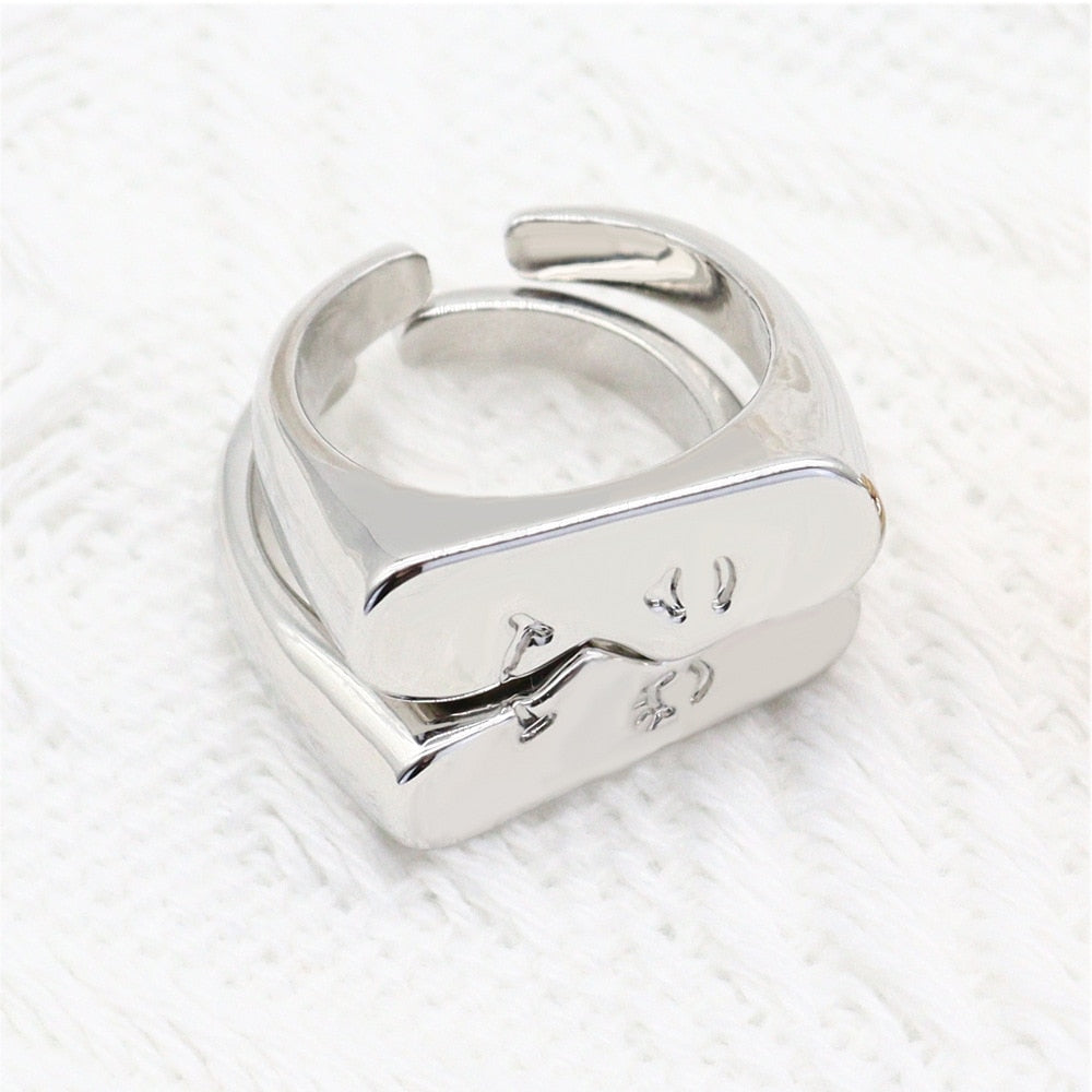 Abstract Face Pair Minimalist Ring Set - Silver or Gold