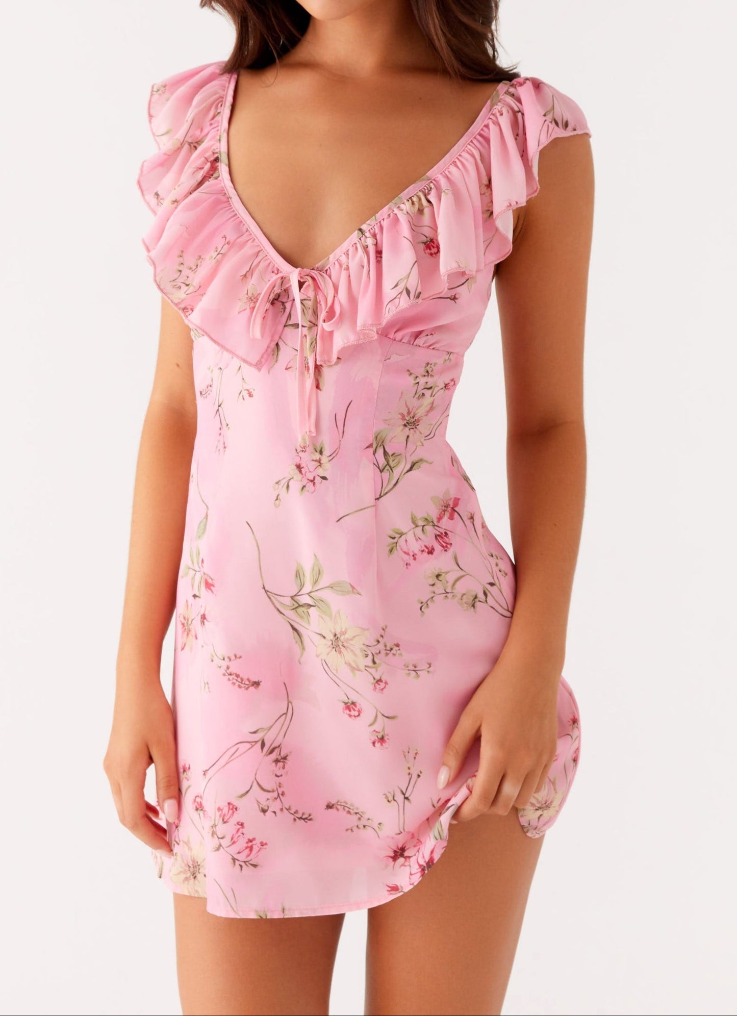 Venezia Ruffle Mini Dress - Pink Floral Print
