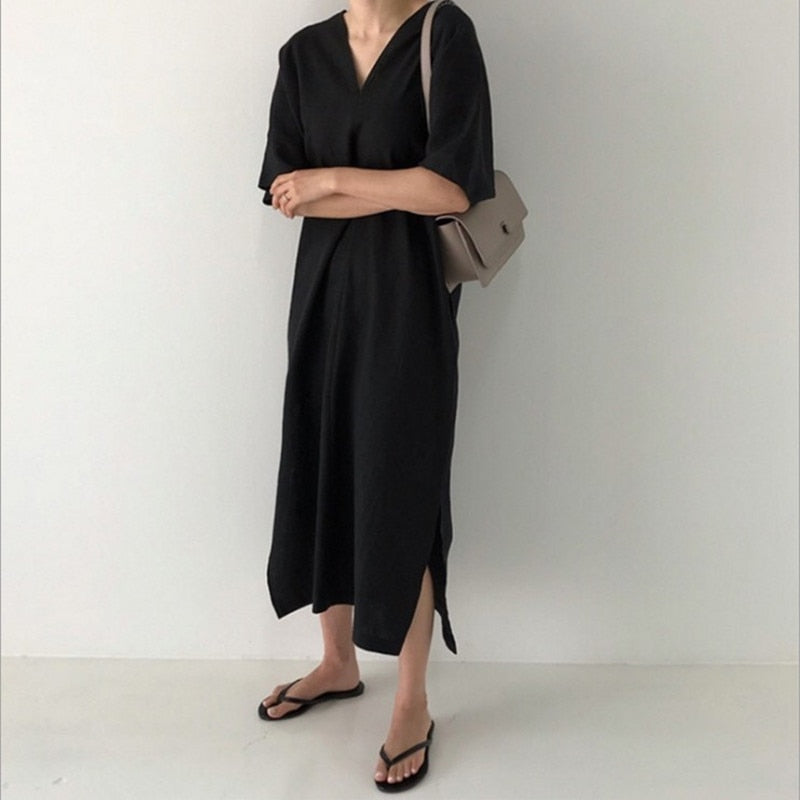 Aemie Casual V-Neck Linen Sack Dress - 2 Colors