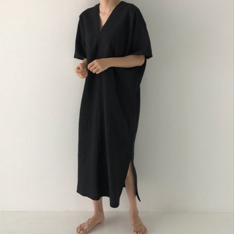 Aemie Casual V-Neck Linen Sack Dress - 2 Colors