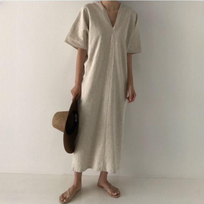 Aemie Casual V-Neck Linen Sack Dress - 2 Colors