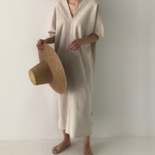 Aemie Casual V-Neck Linen Sack Dress - 2 Colors