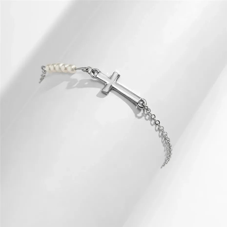 Ama Cross with Pearl Bracelet - Gold or Silver