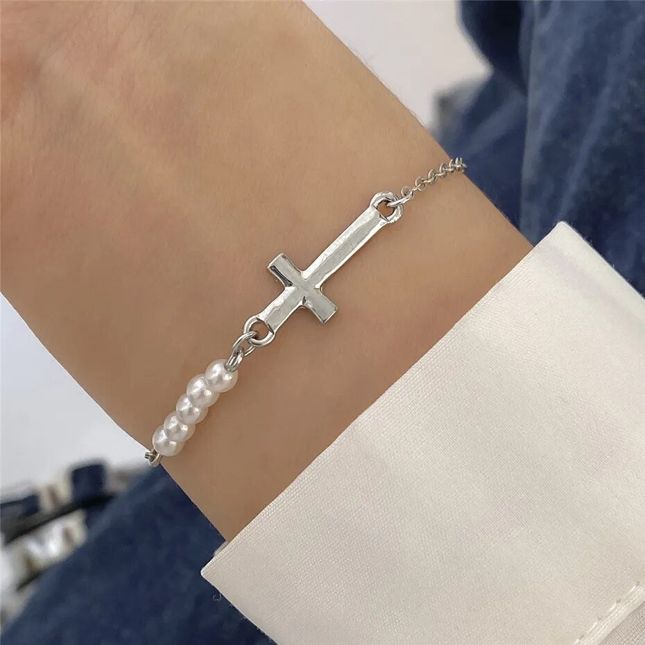 Ama Cross with Pearl Bracelet - Gold or Silver