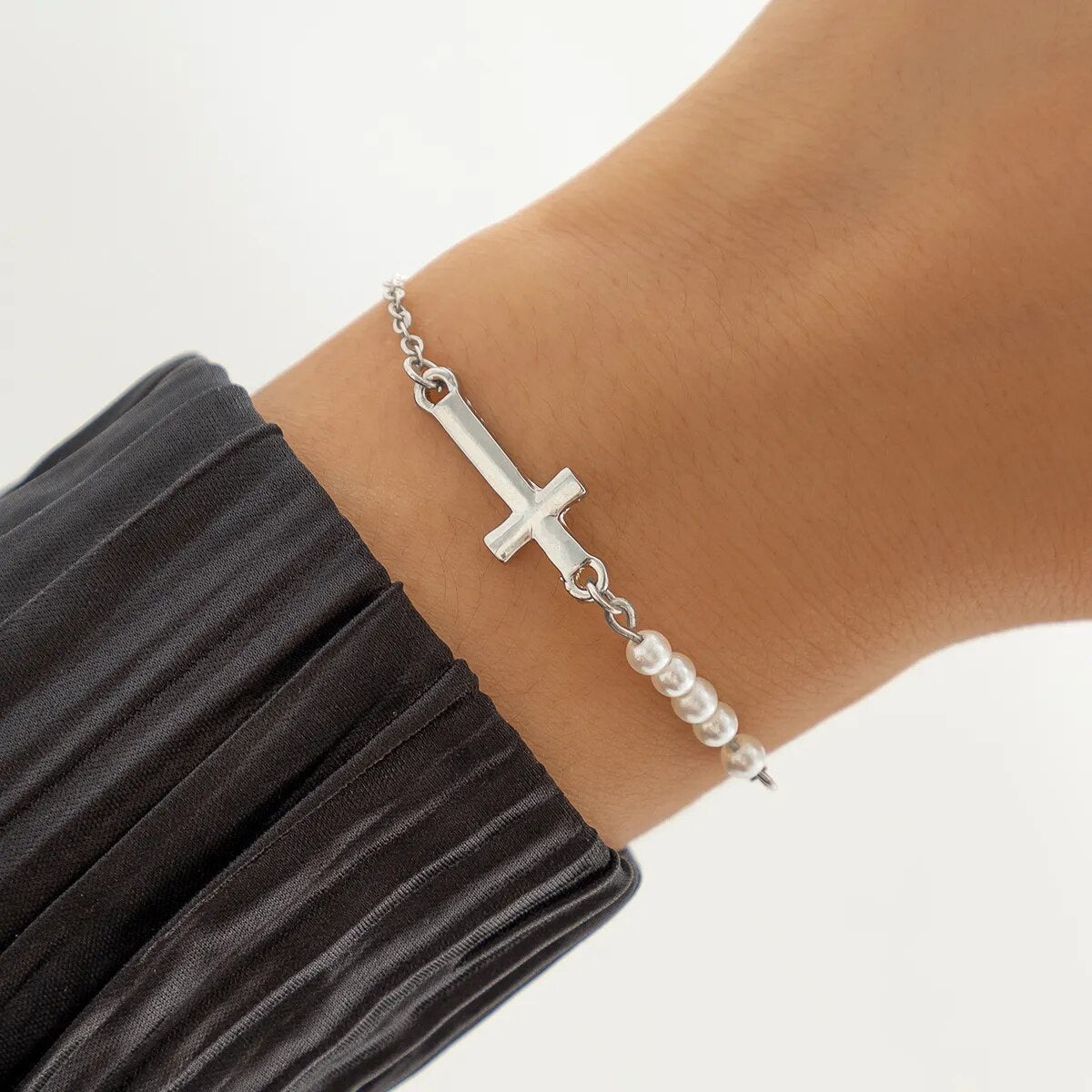 Ama Cross with Pearl Bracelet - Gold or Silver