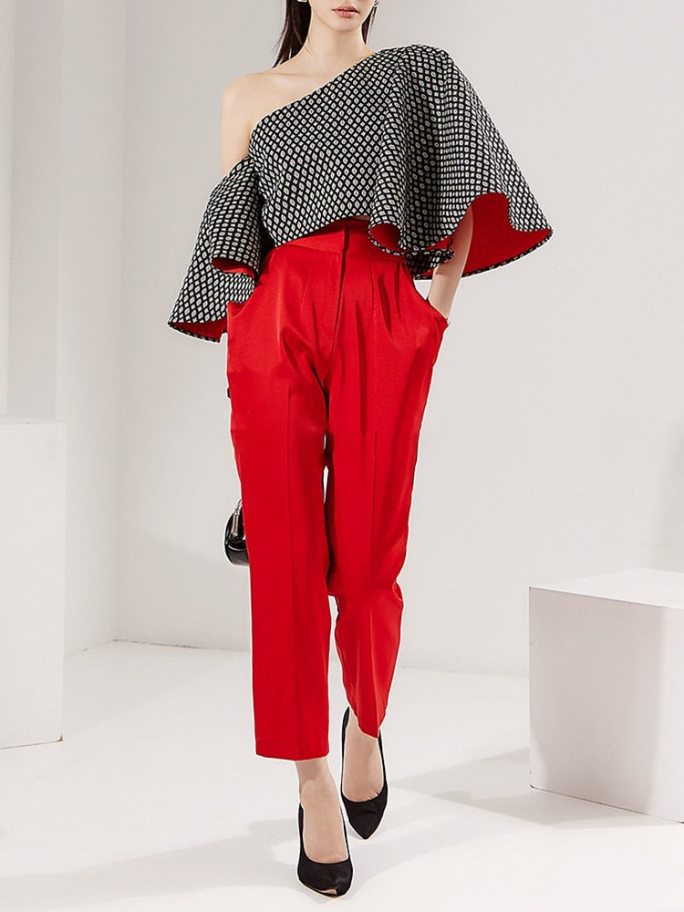 Angie Butterfly Sleeve One Shoulder Jacquard Tops - 2 Colors