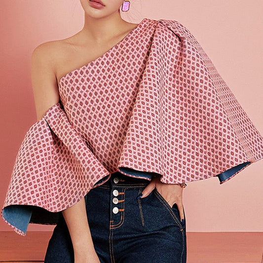 Angie Butterfly Sleeve One Shoulder Jacquard Tops - 2 Colors