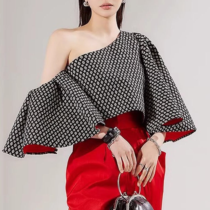 Angie Butterfly Sleeve One Shoulder Jacquard Tops - 2 Colors