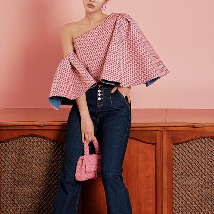 Angie Butterfly Sleeve One Shoulder Jacquard Tops - 2 Colors