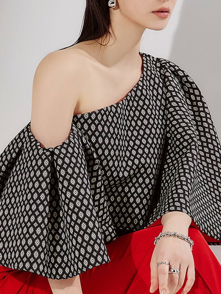 Angie Butterfly Sleeve One Shoulder Jacquard Tops - 2 Colors
