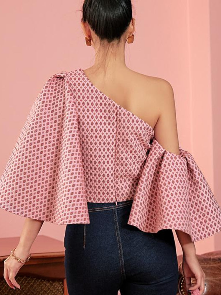 Angie Butterfly Sleeve One Shoulder Jacquard Tops - 2 Colors