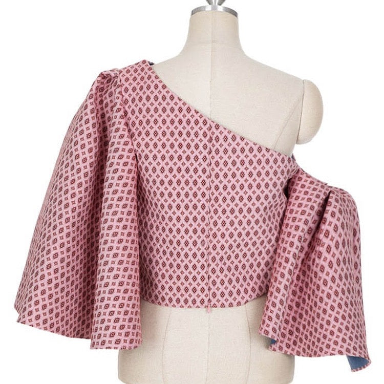 Angie Butterfly Sleeve One Shoulder Jacquard Tops - 2 Colors