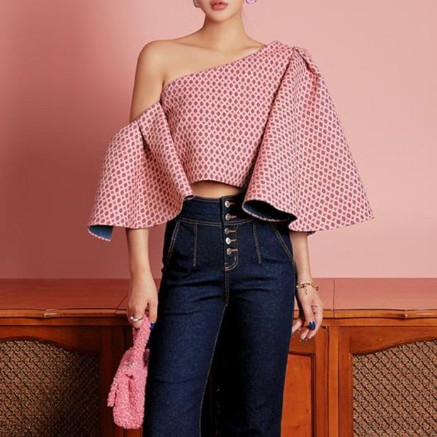 Angie Butterfly Sleeve One Shoulder Jacquard Tops - 2 Colors