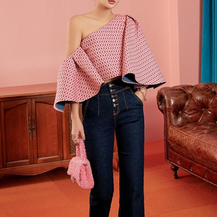 Angie Butterfly Sleeve One Shoulder Jacquard Tops - 2 Colors