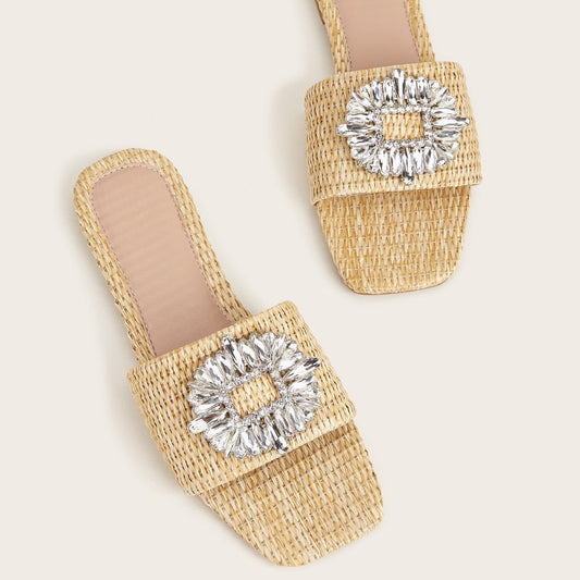 Anna Crystal Embellished Straw Slippers