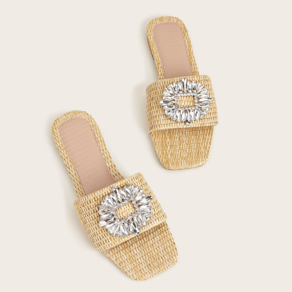 Anna Crystal Embellished Straw Slippers