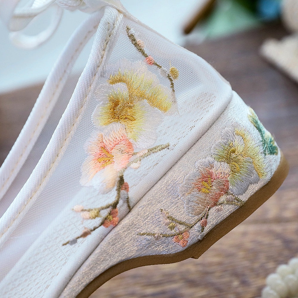 Arisu Flower Embroidery Sheer Ballet Lace-Up Flats - 3 Colors
