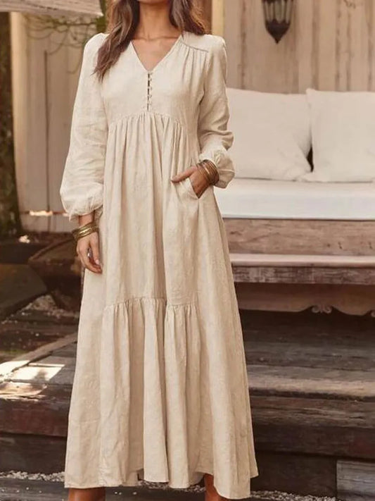 Retro Solid Color Maxi Cotton Boho Dress for Women
