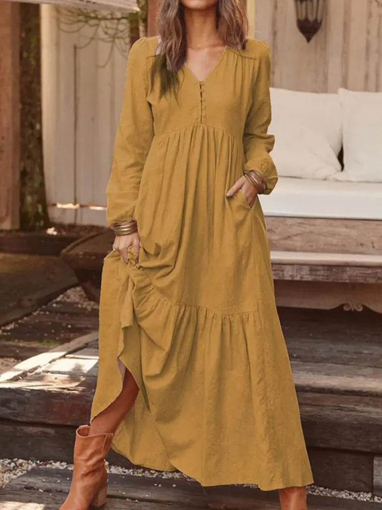 Retro Solid Color Maxi Cotton Boho Dress for Women