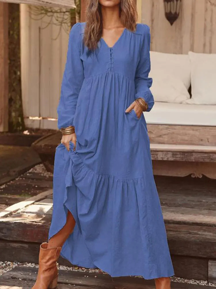 Retro Solid Color Maxi Cotton Boho Dress for Women
