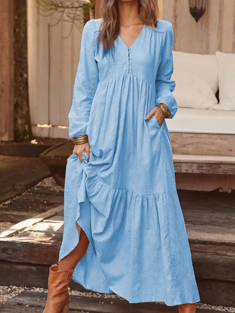 Retro Solid Color Maxi Cotton Boho Dress for Women