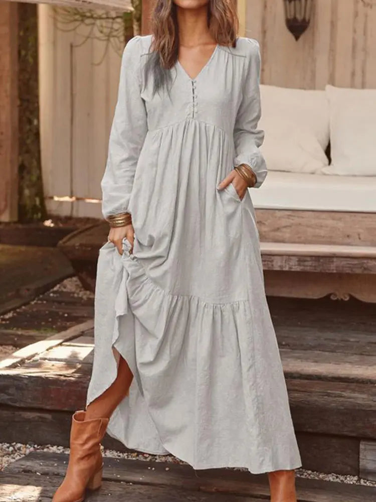 Retro Solid Color Maxi Cotton Boho Dress for Women