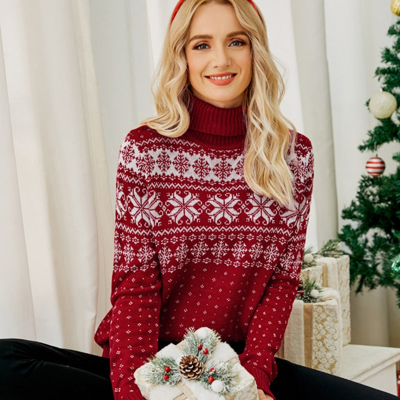 Christmas Long Sleeve Snowflake Round Neck Print Sweater Thick Knit Jumper Warm Sweater