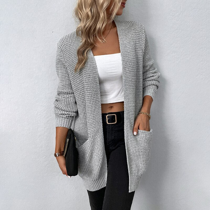Solid Color Pockets Long Cardigan