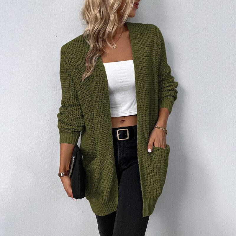 Solid Color Pockets Long Cardigan