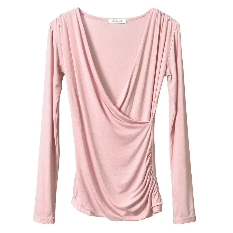 Solid Slim Waist V-Neck Long Sleeve Women's Tee