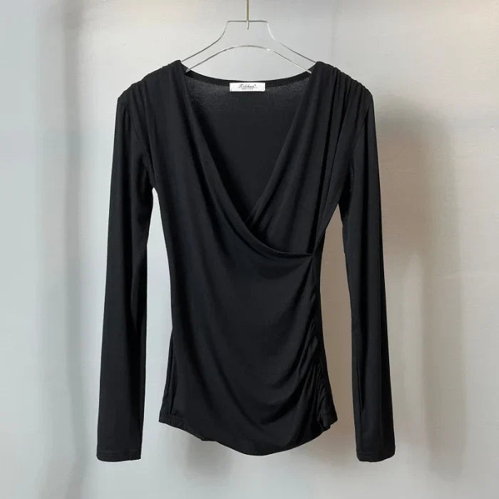 Solid Slim Waist V-Neck Long Sleeve Women's Tee