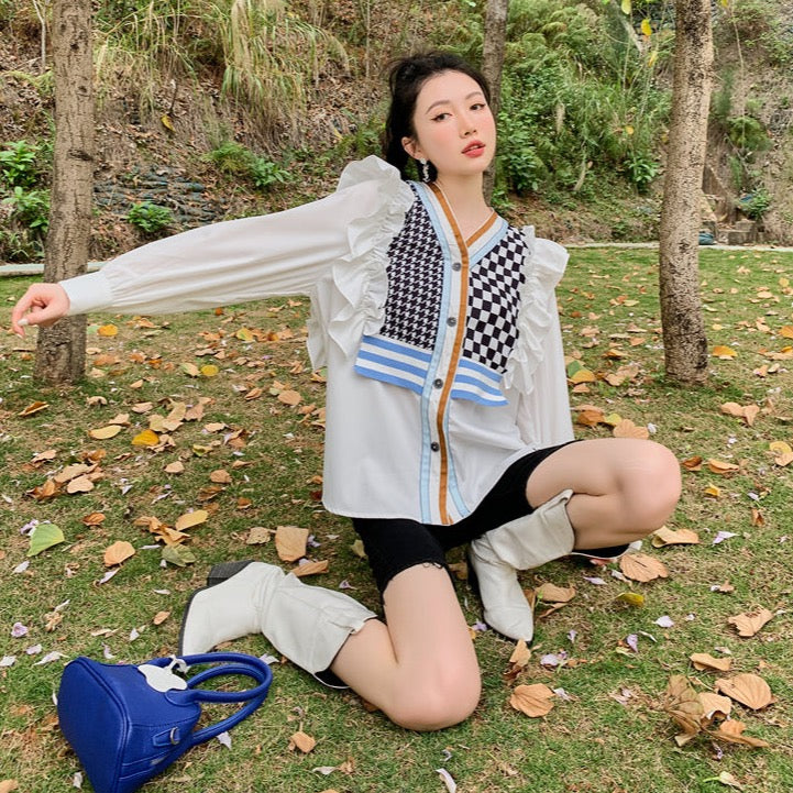 Aveline Checks Vest Patchwork Ruffle Shirt Blouse