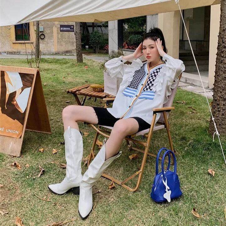 Aveline Checks Vest Patchwork Ruffle Shirt Blouse